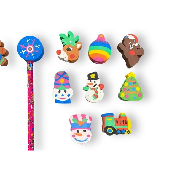 Lot Of Lisa Frank Christmas Pencils With Jumbo Erasers Xmas Snowman Reindeer - Picture 2 of 4